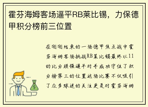 霍芬海姆客场逼平RB莱比锡，力保德甲积分榜前三位置
